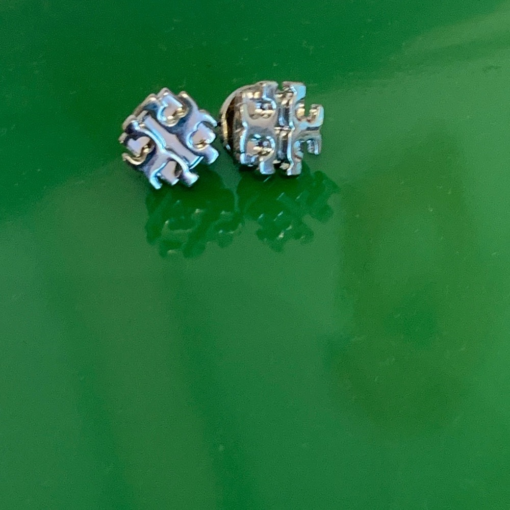 Tory Burch Silver Logo Stud Earrings